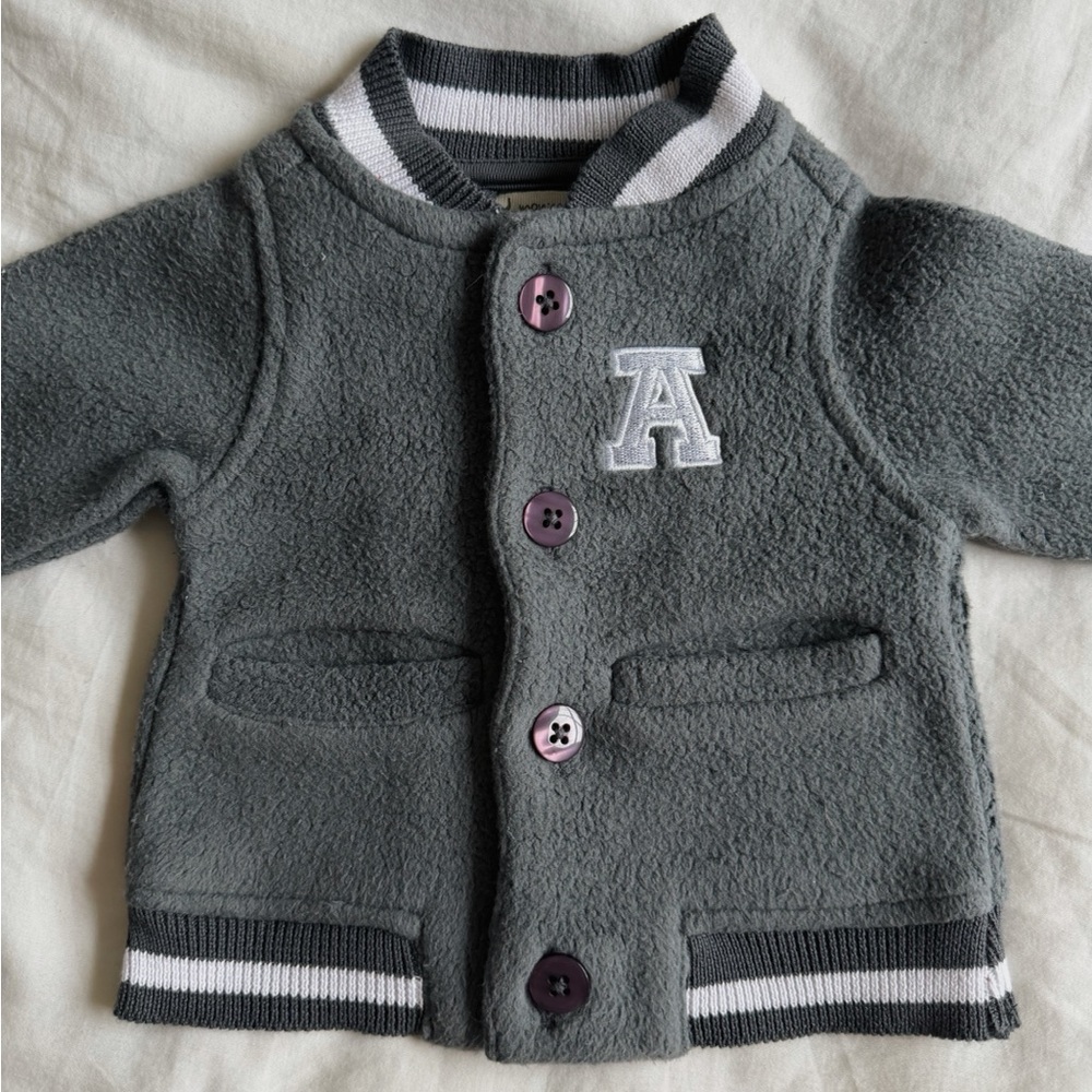 Gray Fleece Baby Jacket with A Letter Patch & Peace Sign